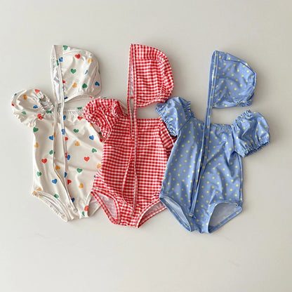 2025 Summer New Baby Girl Long Sleeve Sunscreen Swimsuit Newborn Bodysuit Toddler Girls Heart Print One Piece + Hat
