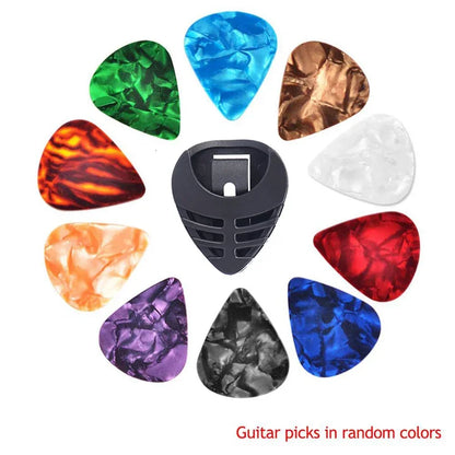 10Pcs Guitar Picks & Guitar Pick Holder Set For Acoustic Guitar Electric Guitar Bass Ukulele Stick-on Holder (Random Color)