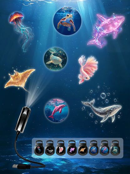 Portable marine life projector light, featuring 8 light panels including jellyfish, whale, and sea turtle; USB powered, 360° rot