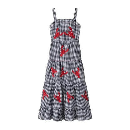 MUJER Plaid Slip Long Dress Woman Embroidery Ruffle Summer Dresses 2025 Sleeveless Beach Holiday Dress Women Casual Midi Dresses