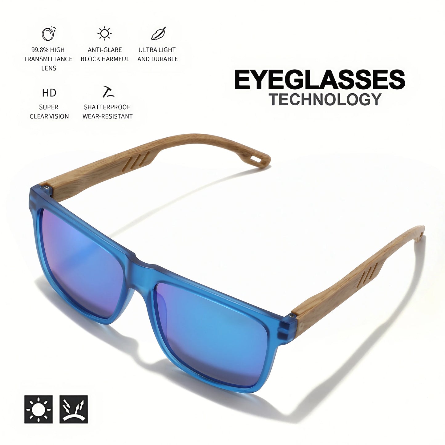 New Fashion Square Sunglasses - Wood Grain Spring Hinge, UV400 Unisex for Driving, Hiking & Travel