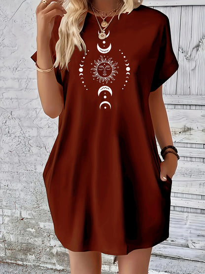 Ladies' summer loose sun moon planet pattern printed round neck short sleeved pocket comfortable casual plus size dress