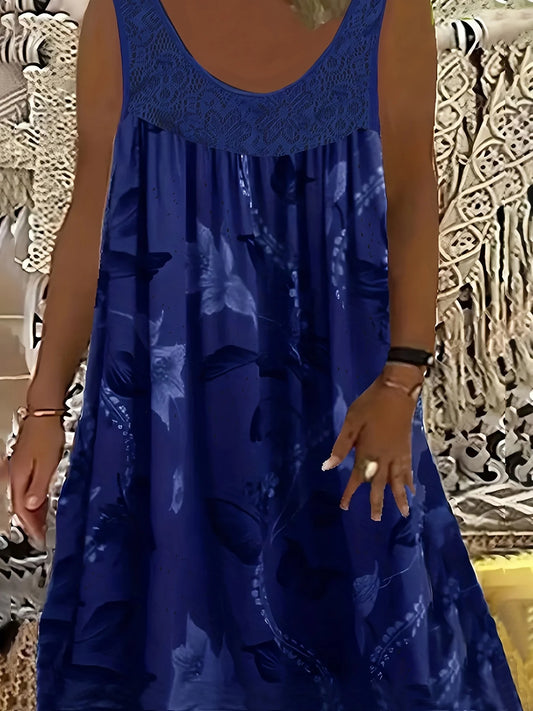 Plus Size 1XL-8XL Women's Lace Panel Printing Ladies Large Hem Tank Beach Dress Fashion Sleeveless Casual Print Dress
