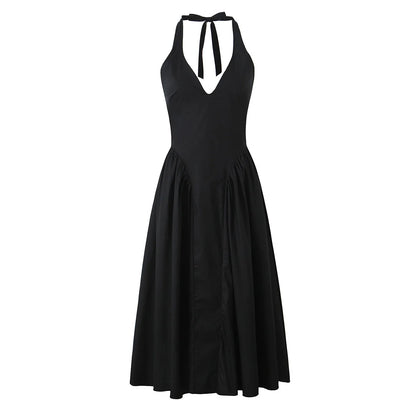 YENKYE Sexy Backless Green Elegant Halter Dress For Women Low Waist A-line Midi Summer Evening Party Dresses Cotton Robe