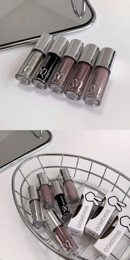 SHAQINUO Water Light Mirror Lip Gloss Lasting Moisturizing Cool Black Silver Gray Pearlescent Fine Sparkling Lipstick Lip Oil