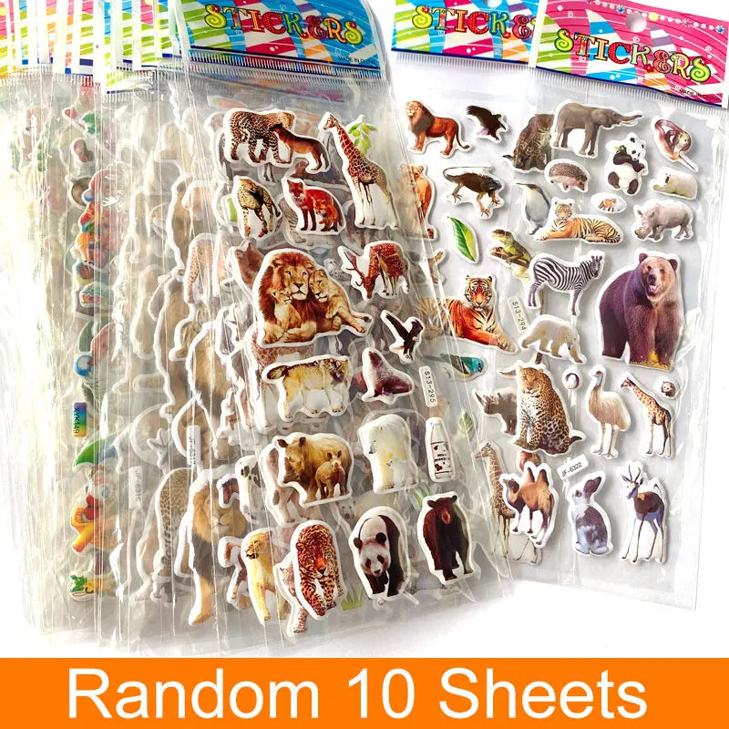 10 Sheets 3D Puffy Stickers Animals Bulk Stickers Scrapbook Decoration Birthday New Year Christmas Gifts for Kids Boys Girls
