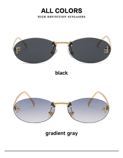 Fashion Rimless Sunglasses Women UV400 Oval Elegant Diamond F Sun Glasses Retro Eyewear