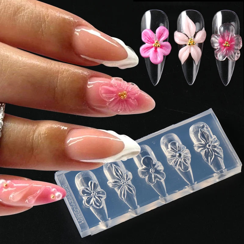3D Flower Silicone Nail Mold Lily & Hibiscus Petals Carving Template Gel Polish Stencils for Spring Summer Manicure Decor