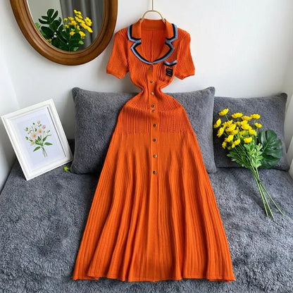 YuooMuoo Brand Fashion Vintage Turn-down Collar Knit Maxi Dress Elegant Single-breasted A-line Long Shirt Dress Lady Vestidos