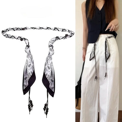 Spring and summer silk scarf woven belt, elegant accessory for women, fashionable belt, retro American-style belt