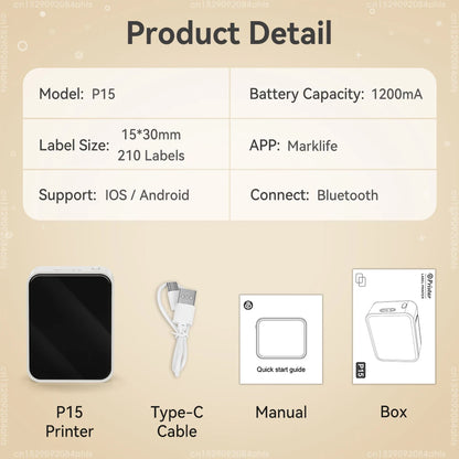 Wireless Bluetooth Label Printer Portable Thermal Printer Marklife P15 Inkless Labeling Machine Mini Label Maker P15 Sticker