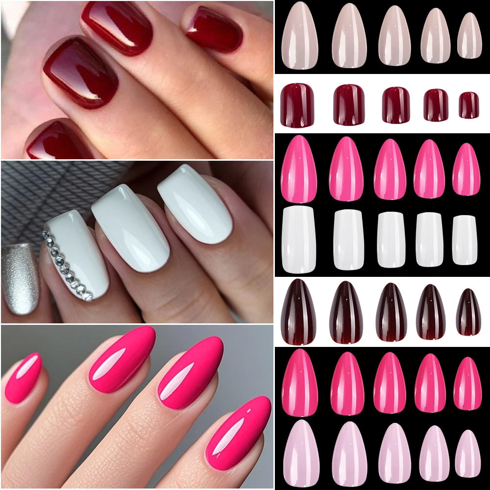 120Pcs Wine Red Almond Press On Nails Full Coverage Fake Nail Tip False Fingertips for Dating/Party Women Manicure Extension Tip