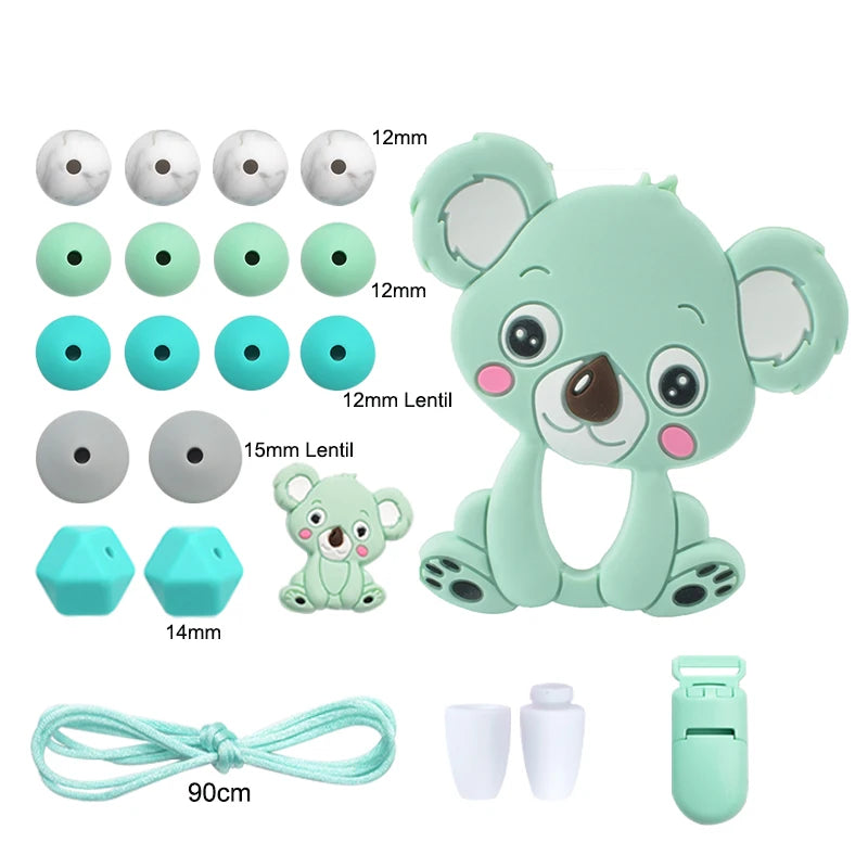 LOFCA Silicone Teether Wood Beads Set BPA Free DIY Baby Teething Necklace Toy Cartoon Koala Raccoon Pacifier Chain Clip
