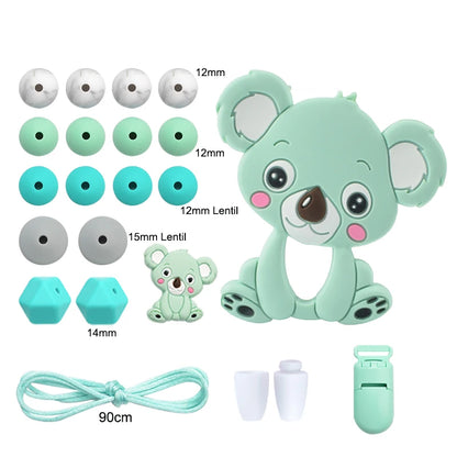 LOFCA Silicone Teether Wood Beads Set BPA Free DIY Baby Teething Necklace Toy Cartoon Koala Raccoon Pacifier Chain Clip
