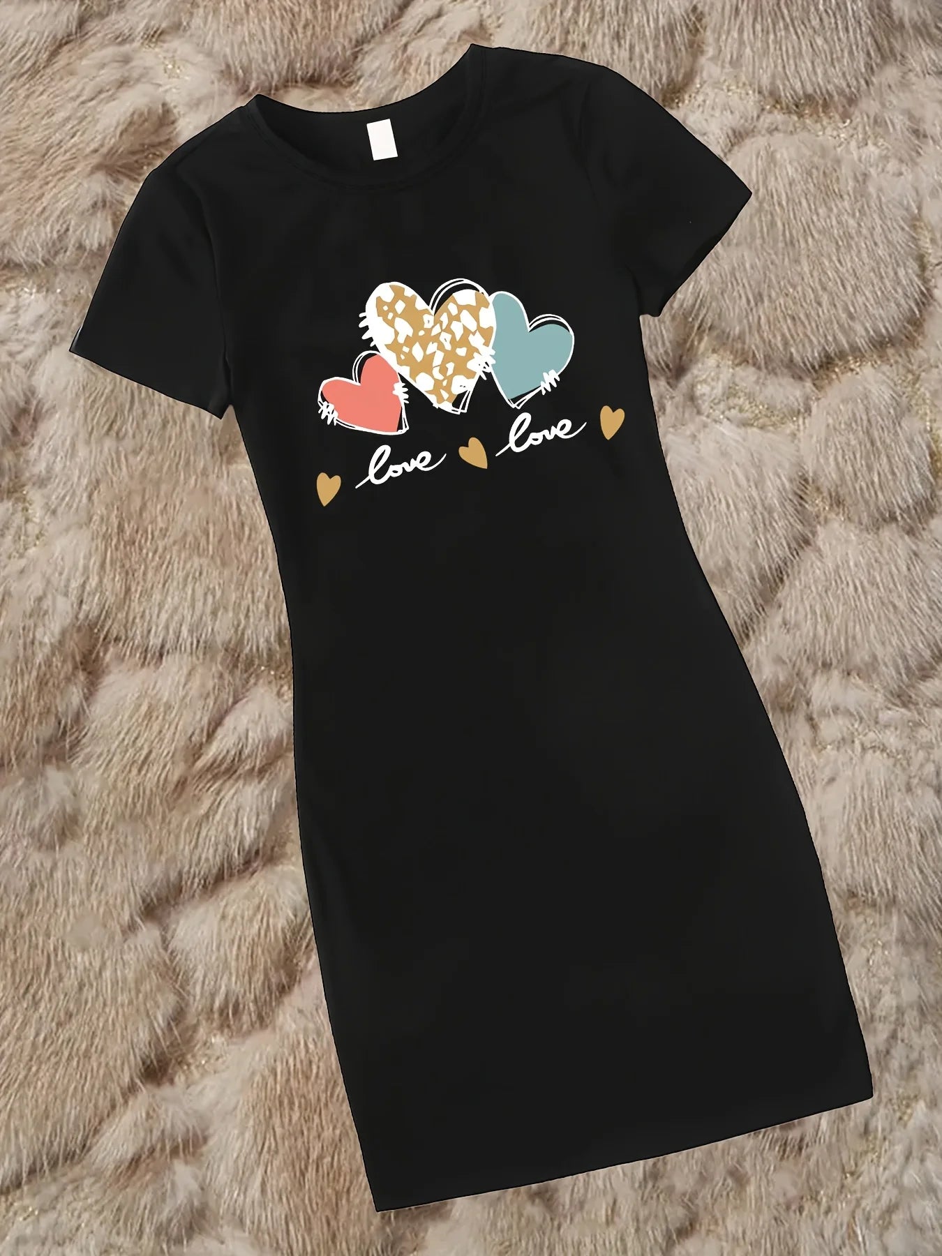 Summer women's bee bow pattern printed casual bag buttocks slim fit short sleeved round neck T-shirt mini dress
