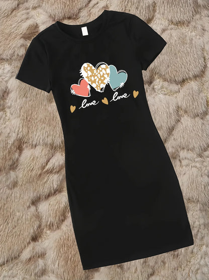 Summer women's bee bow pattern printed casual bag buttocks slim fit short sleeved round neck T-shirt mini dress