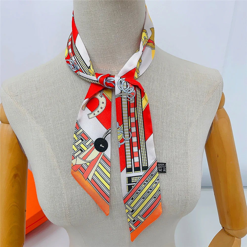 New Long Small Silk Scarf Headband Women's Double-sided Elegant Binding Strap Streamer Small Scarf Gift Ribbon Silk Scarf