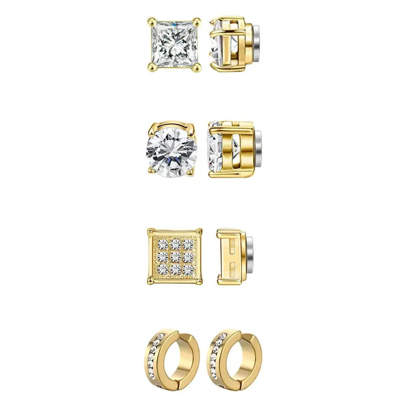 1-12 Pair Stainless Steel Magnetic Non Piercing Inlaid Cubic Zirconia Stud Earrings Clip on Hoop Earrings Set for Men Women
