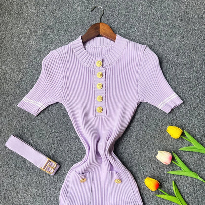 YuooMuoo 2025 Autumn Winter Women Knitted Dress Brand Fashion O-neck Buttons Bodycon Sweater Dress with Belt Lady Office Dress