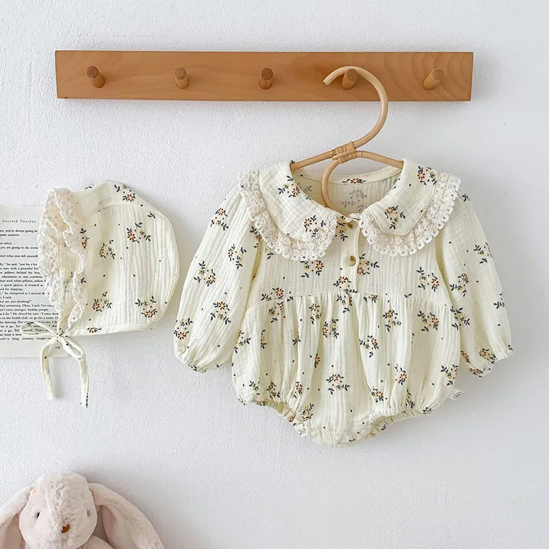 2025 Spring Newborn Infant Baby Girls Romper+Hat 2PCS Lapel Floral Rompers Kids Fashion Baby Clothing Newborn Baby Girl Jumpsuit