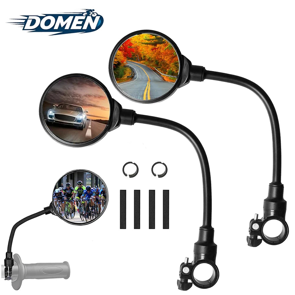 DOMEN Bicycle Rearview Handlebar Mirrors 360 Rotatable for Bike Motorcycle Bendable Hose Adjustable Wide Angle Rear View Mirror