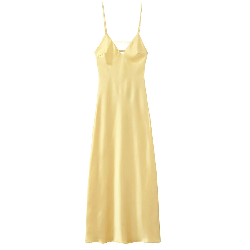HXAO Womens Yellow Slip Dress Summer 2025 Woman Satin V-Neck Party Dresses Elegant Evening Sleeveless Backless Long Vestidos 066