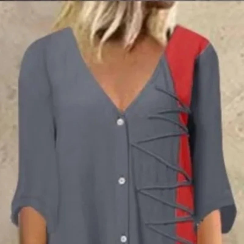 Women's Summer Color Block Patchwork Printed Dress V-neck Short Sleeved Fashion Dress Button Women's Casual Loose Long Dress