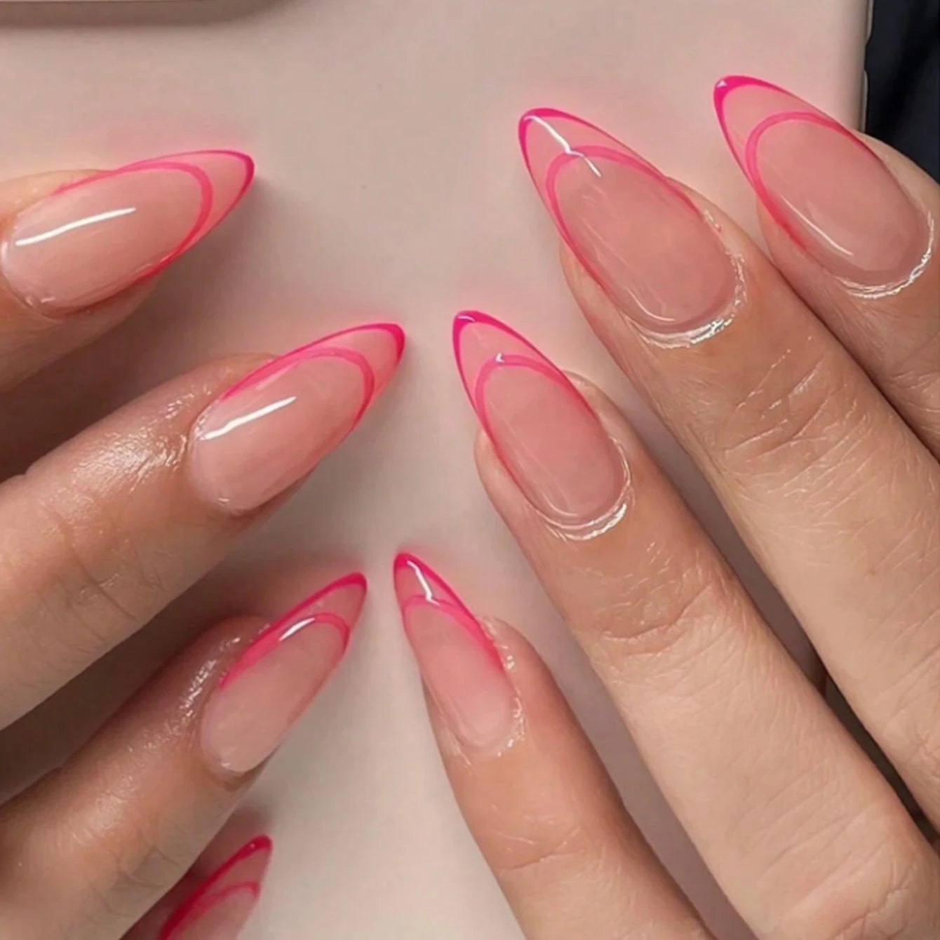 24PCS nude pink short square fake nails, Gold lines, love design, full cover fake nail set, 1 nail file and 1 nail glue sticker
