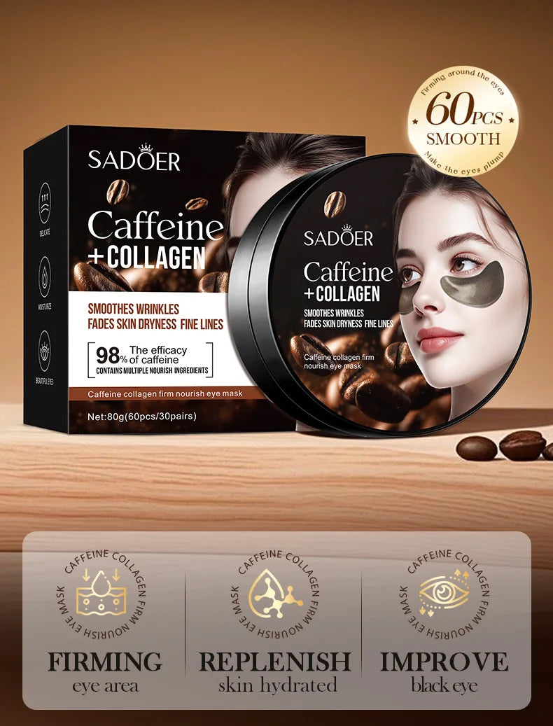 60pcs SADOER Caffeine Crystal Collagen Eye Mask Anti Dark Circles Ant -Aging Anti Wrinkles Moisturizing Eye Patches Skin Care