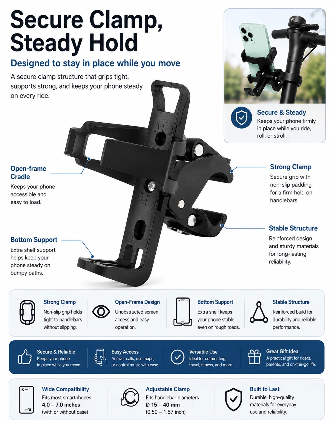Universal Handlebar Phone Holder Adjustable Bike Scooter Stroller Wheelchair Mount Clamp Stand for 4.0-7.0 Inch Smartphones Uses