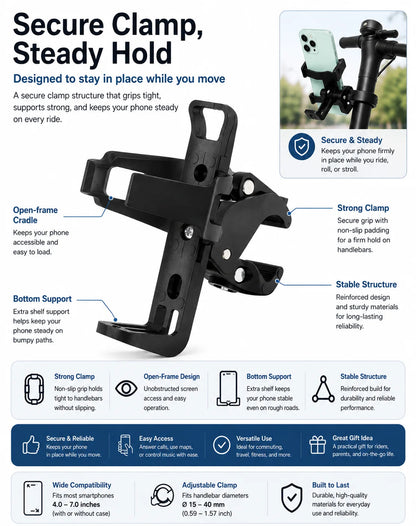 Universal Handlebar Phone Holder Adjustable Bike Scooter Stroller Wheelchair Mount Clamp Stand for 4.0-7.0 Inch Smartphones Uses