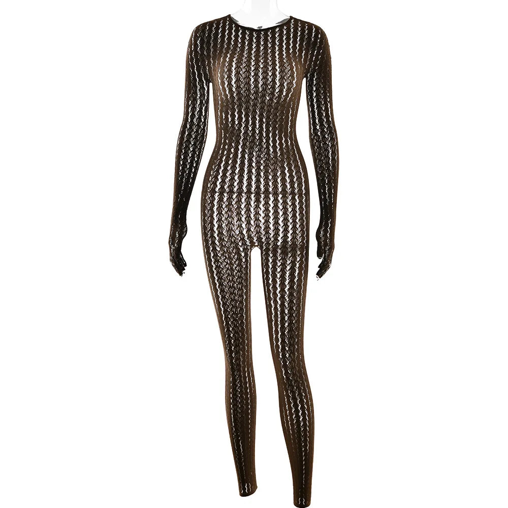 BOOFEENAA See Through Seamless Striped Jacquard One Piece Long Sleeve Jumpsuit Sexy All Black Outfits for Woman Baddie C92-DZ18
