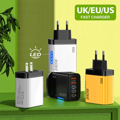 5in1 240W GaN 2USB+3Type-C Fast Charger Multi Ports Phone Charging Head With LED Light Wall Adapter For IPhone 16 15 pro Laptop