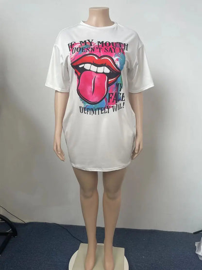 Women's summer casual fashion loose plus size letter lip print pattern printed short sleeved summer T-shirt dress