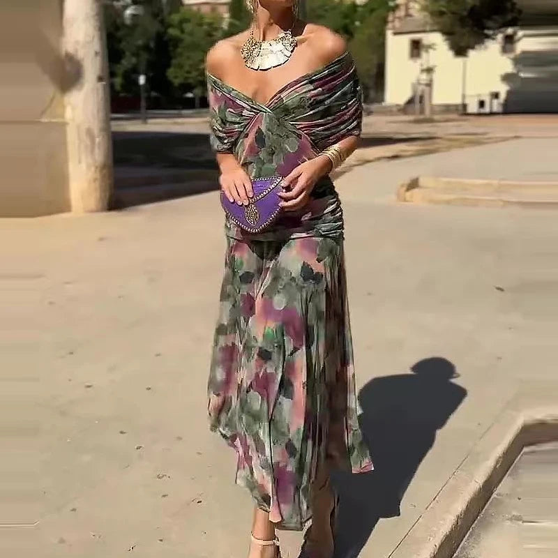 2025 Floral Print High Waist Pleat Party Dress Elegant Women Bat Sleeve Swing Party Dress Female Chest Low Cocktail A-Line Dress