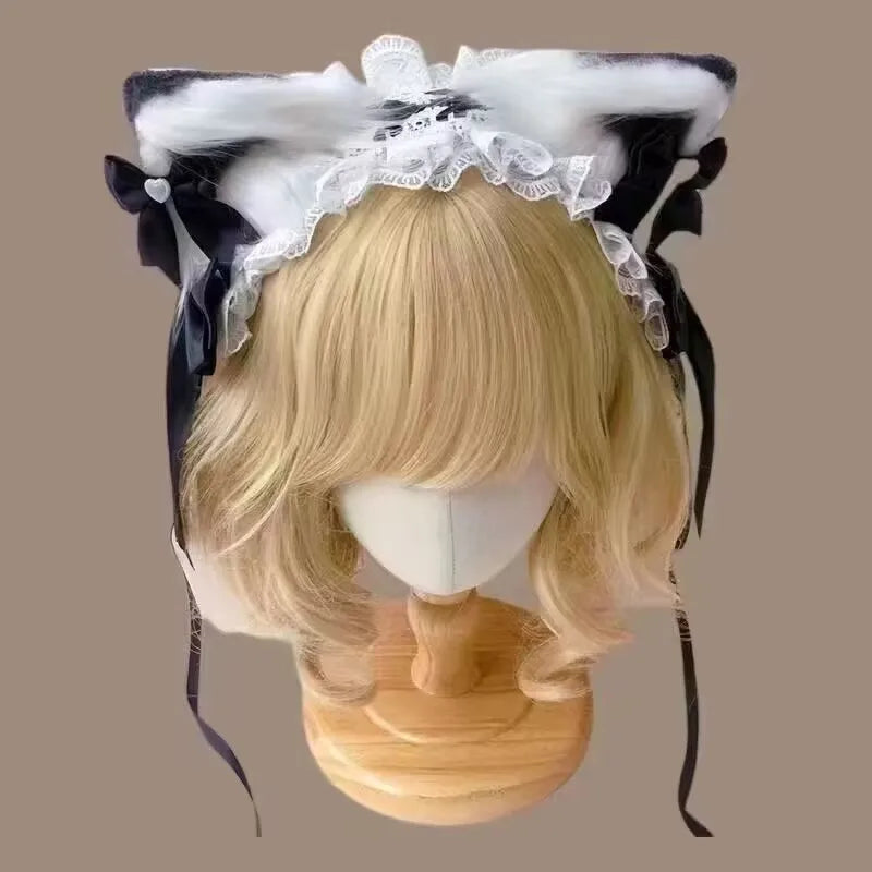 Bow Cat Ear Hairband Hair Hoop for Women Sweet Lace Headdress Cosplay Anime Headbands Cute Plush Ears Ribbon Hair Accessories