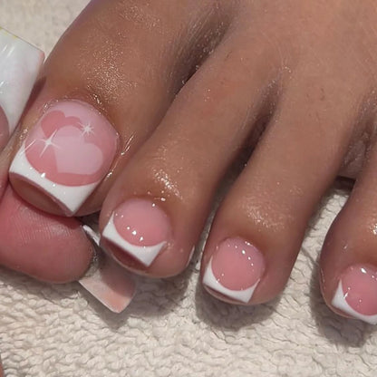 24PCS Pink Fake Toenails With Full Coverage Of Glossy Acrylic Glue, Designed Flower Artificial Ssticks, Suitable For Women's