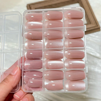 144Pcs/Box Nude Pink Cat's Eye Press On Nails Glossy Short Round Head Fake Nail Detachable Full Cover False Nailtip DIY Manicure