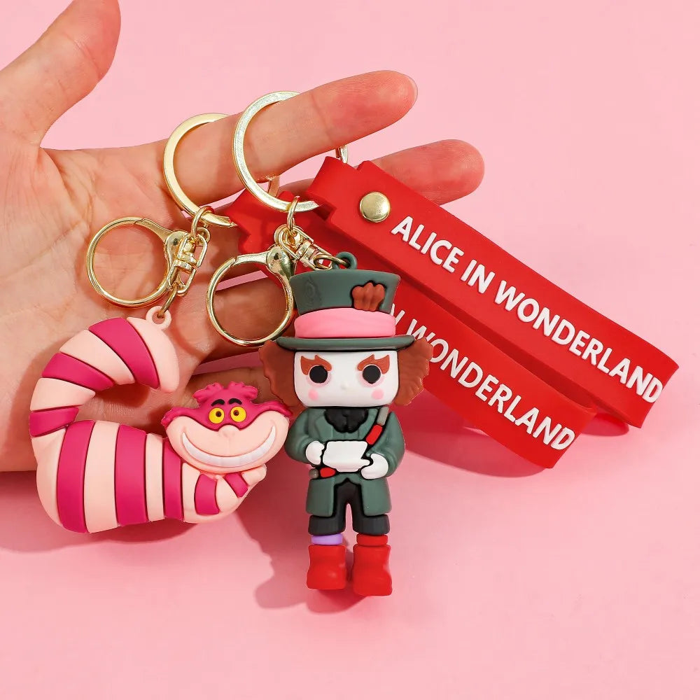 Alice in Wonderland Silicone Keychain Lovely 3D Anime Film Figure Key Chain Keyrings Backpack Bag Car Accessories Gift
