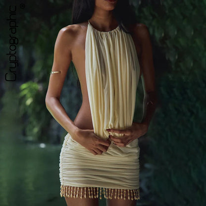 Cryptographic Embellished Halter Sexy Backless Mini Dress Vacation Summer Outfits for Women Club Party Cut-Out Short Dresses New