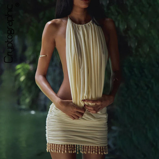 Cryptographic Embellished Halter Sexy Backless Mini Dress Vacation Summer Outfits for Women Club Party Cut-Out Short Dresses New
