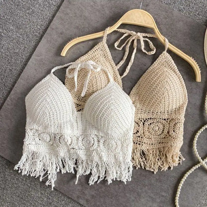 Women Crochet Halter Top Summer Beach Knit Crop Tank Fringe Boho Lace Up Backless Cami Blouse Festival Vacation Wear