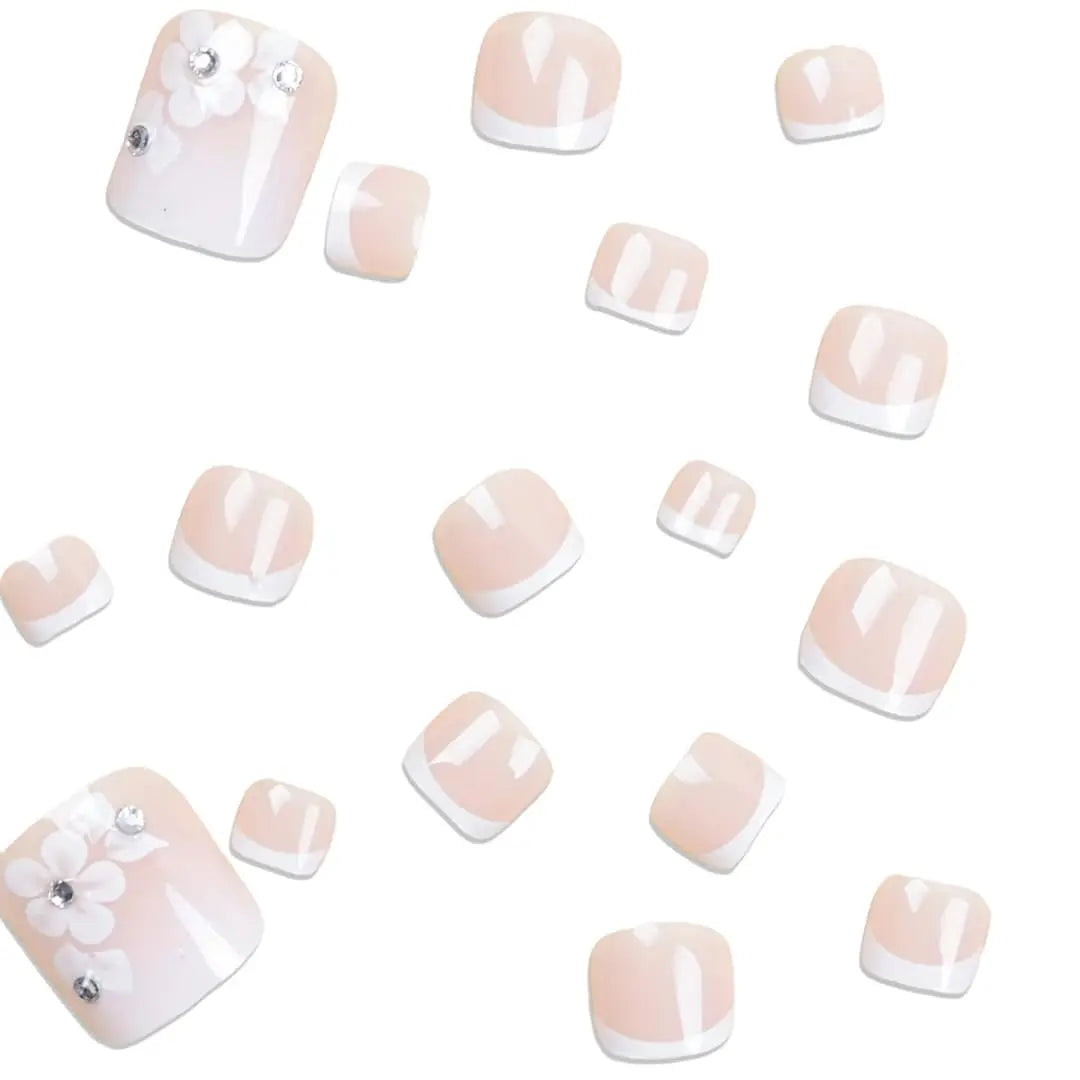 24PCS Pink Fake Toenails With Full Coverage Of Glossy Acrylic Glue, Designed Flower Artificial Ssticks, Suitable For Women's