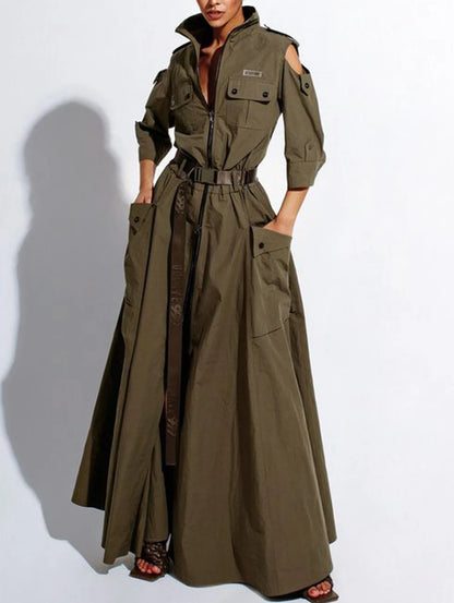 Summer Dress for Women 2026 Retro Turn-down Collar Cold Shoulder Half Sleeve Zipper Belt Pockets Split High Waist Maxi Dresses