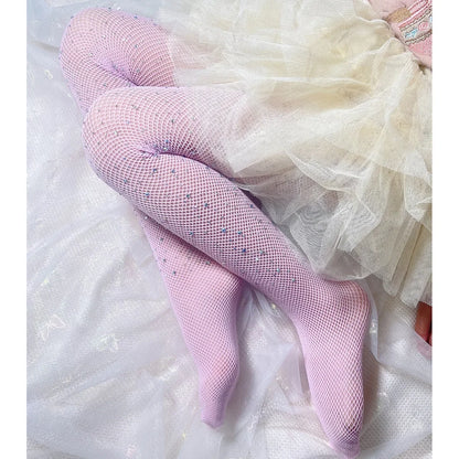 Kids Girl with Rhinestone Fashion Fishnet Stockings Hollow Lace Glitter Pantyhose for Children Girl Summer Mesh Baby Hosiery