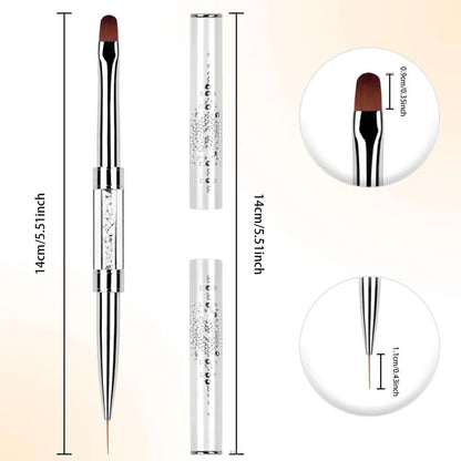 Pro Dual-Ended Builder Gel Nail Art Brush Rhinestone Handle for Painting French Tip Nail Brush Polish Gel Liner Manicure Tools
