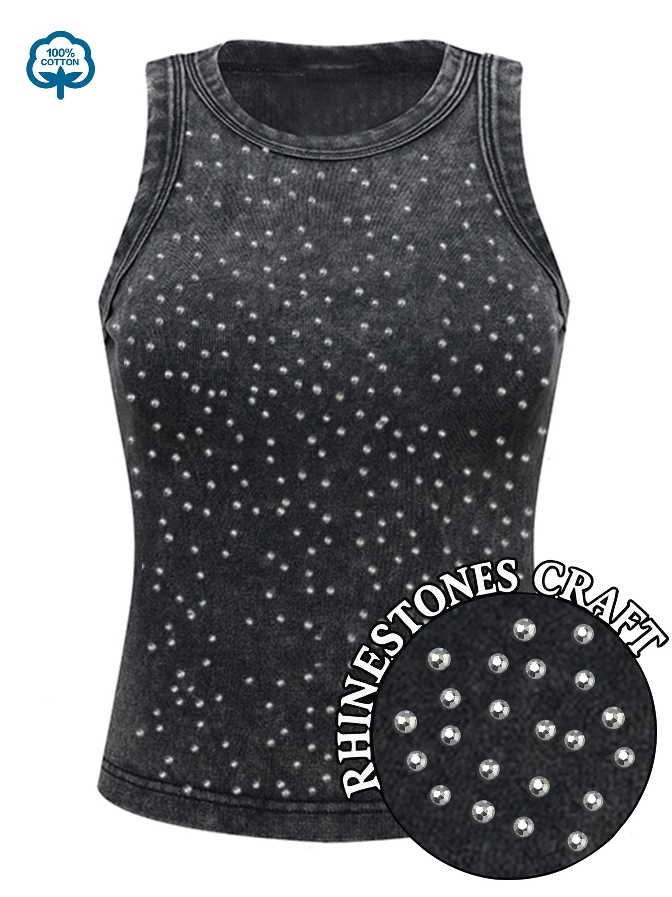 100% Cotton Solid Color Women Washed Vest Y2K Casual Tank Top Street Sleeveless Clothes Summer Rhinestone Craft Sportswear