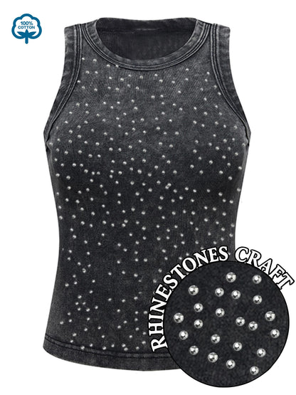 100% Cotton Solid Color Women Washed Vest Y2K Casual Tank Top Street Sleeveless Clothes Summer Rhinestone Craft Sportswear