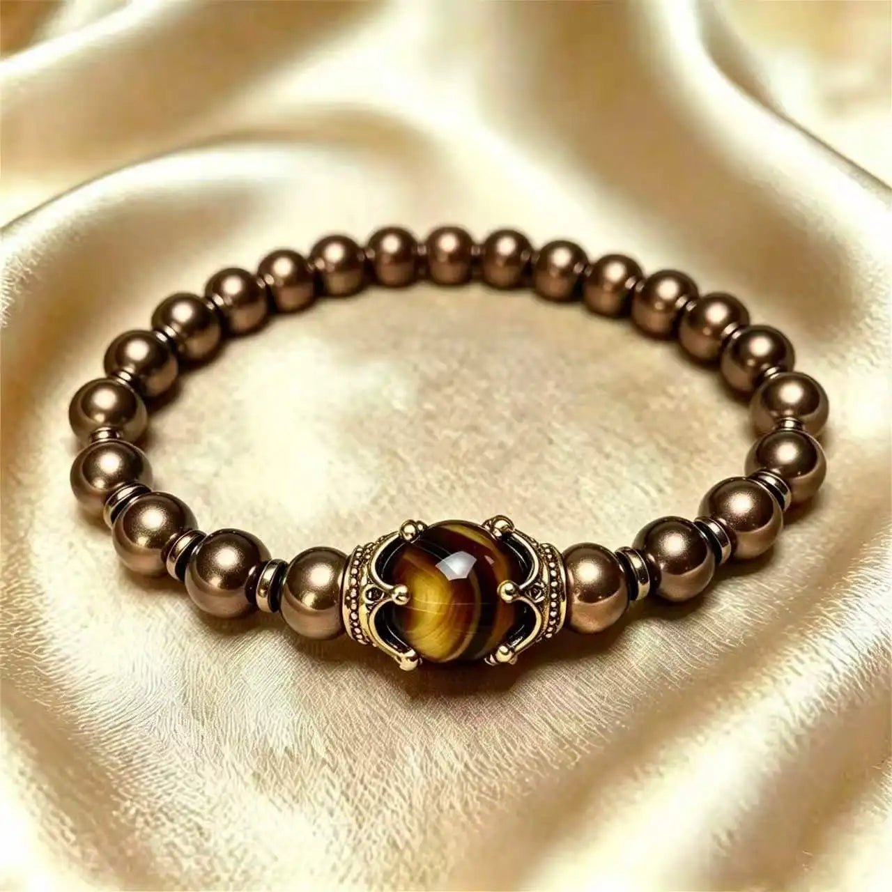 Men's Stylish Natural Stone Bracelet Vintage Crown Symbol of Power Hematite Beads Gift for Friends Natural Tiger Eye beads