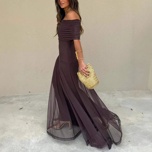 Sexy Sleeveless Commuter Dress Fashion Hight Waist Strapless Slim Long Dress Women Elegant Mesh Splicing Solid Color Party Dress